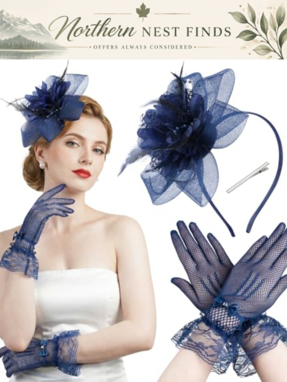 Fascinator Hat and Lace Gloves Set for Tea Party Wedding Vintage Style